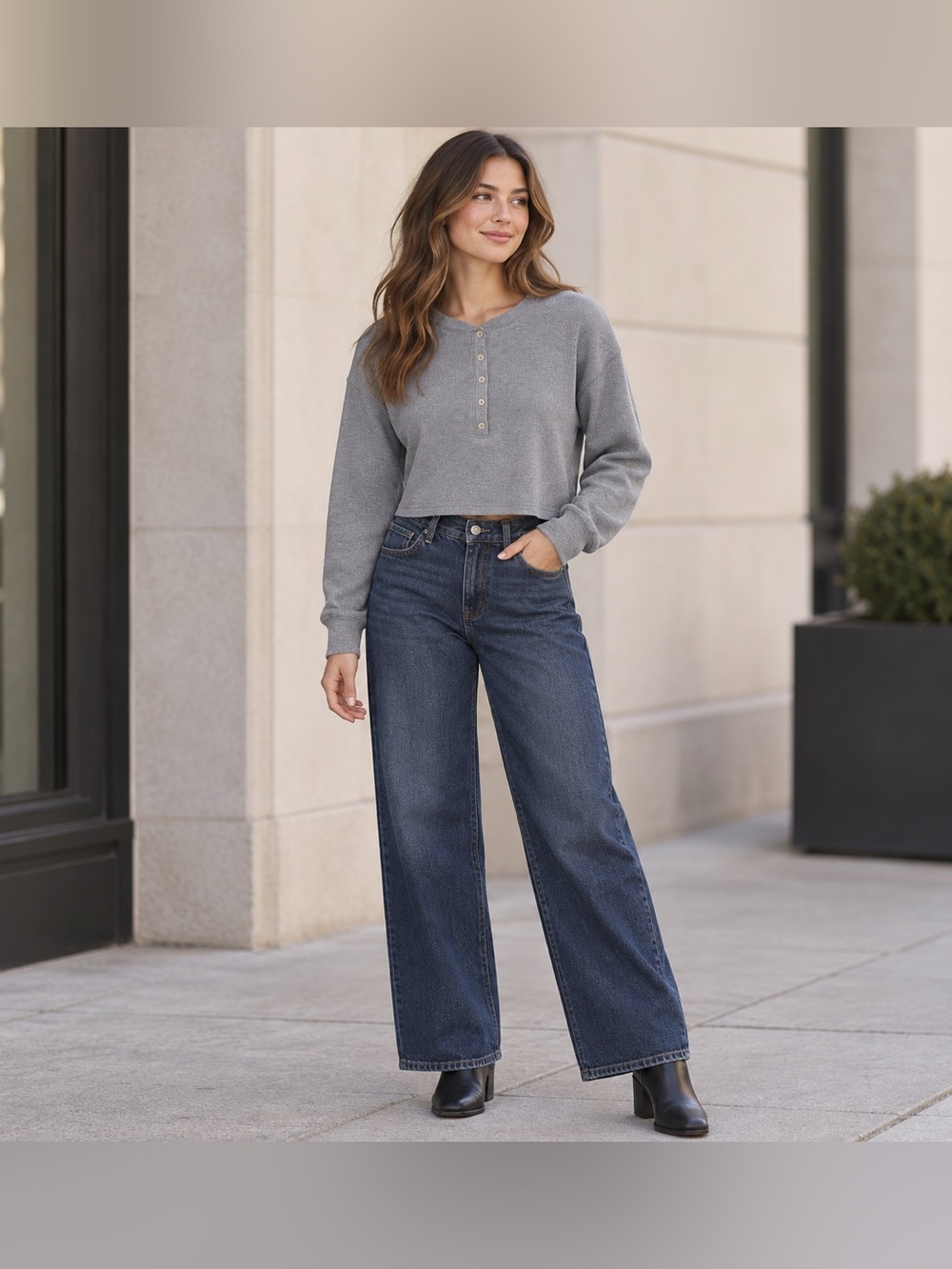 Aritzia Wilfred Free Mavis Grey Cropped Henley Top XXS